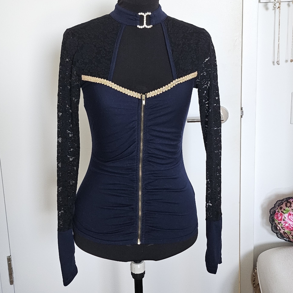 D.i.a Gyaru Navy Blue High Neck Zipper Top With Choker And Lace Sleeves